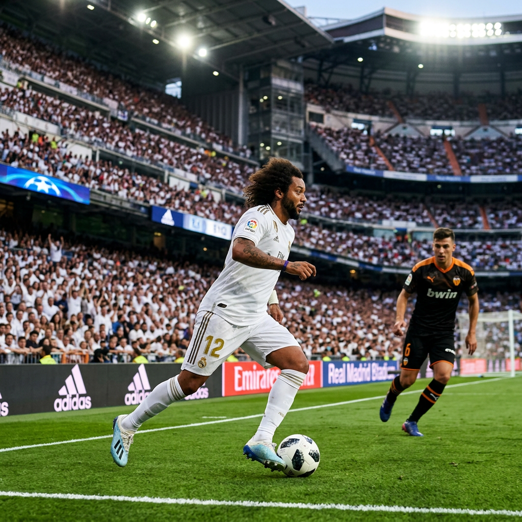 Real Madrid player in white dribbling soccer ball past Valencia player in black and orange