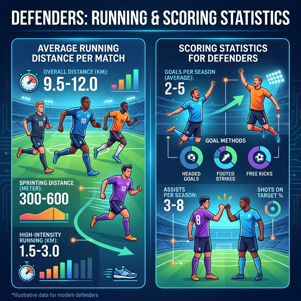 Defenders' average running distances, sprinting distances, high-intensity running, and scoring statistics including goals, assists, and shot accuracy